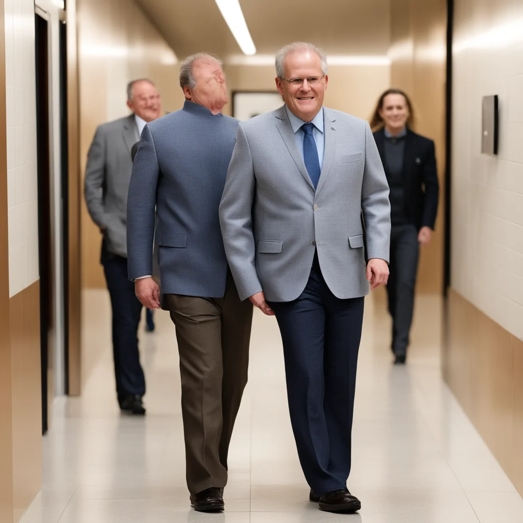 Scott Morrison walking out of the toilets at Engadine maccas with a smug smirk on his face Brown stain down his trousers