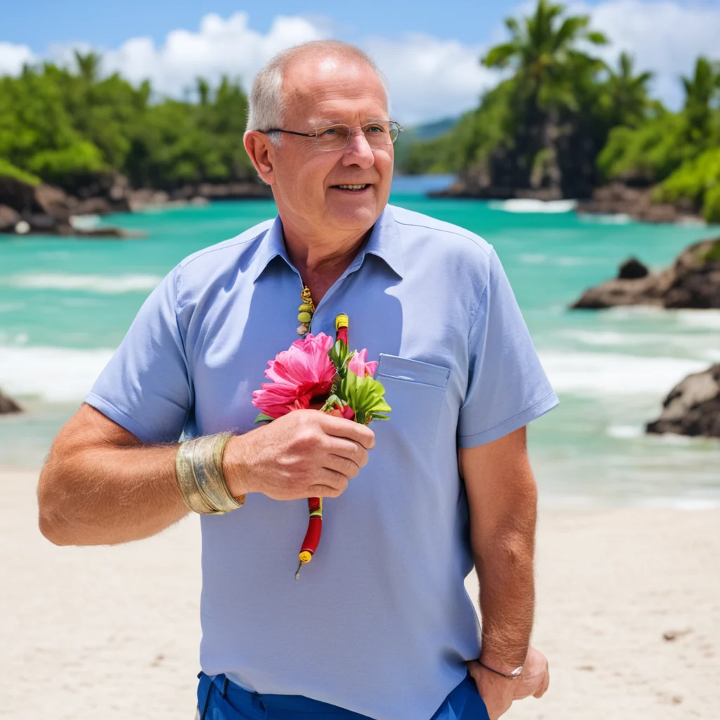 Scott Morrison wearing a flower necklace and holding a firehose on a tropical beach in Hawaii