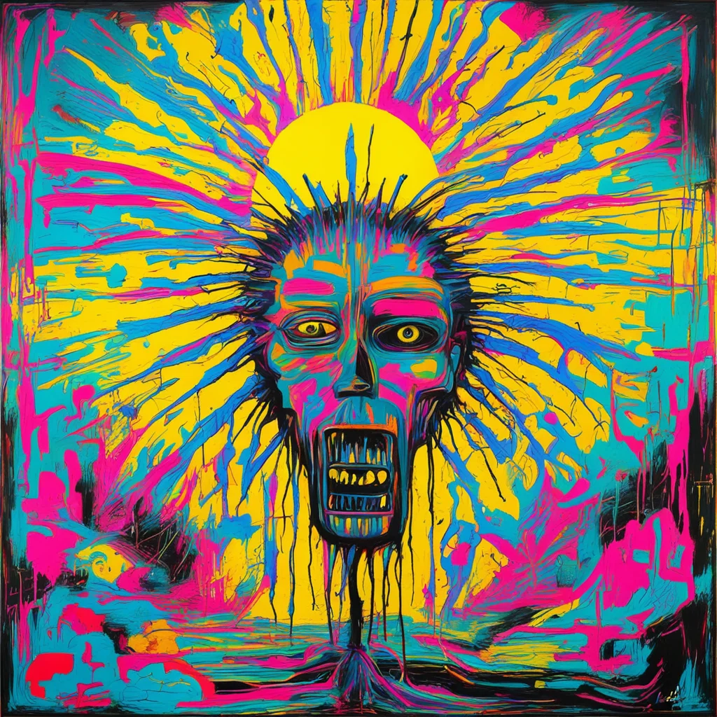 Secret Of The Sun psychological horror mind bending neo expressionist painting in the style of Jean Michel Basquiat no t