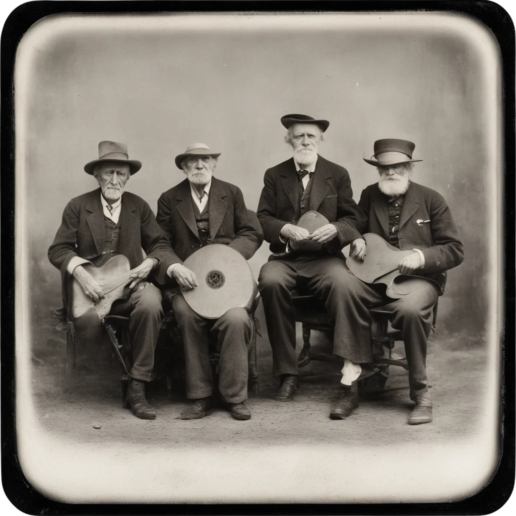Senior citizen metal band album cover detailed Tintype by Ansel Adams 1800s