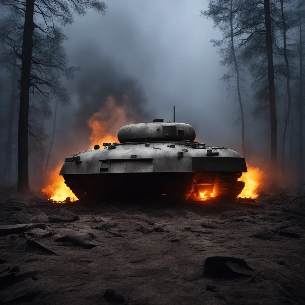 Sherman tank in a burnt forest at night fire in the background moonlit sandbags highly detailed foggy photorealism natio