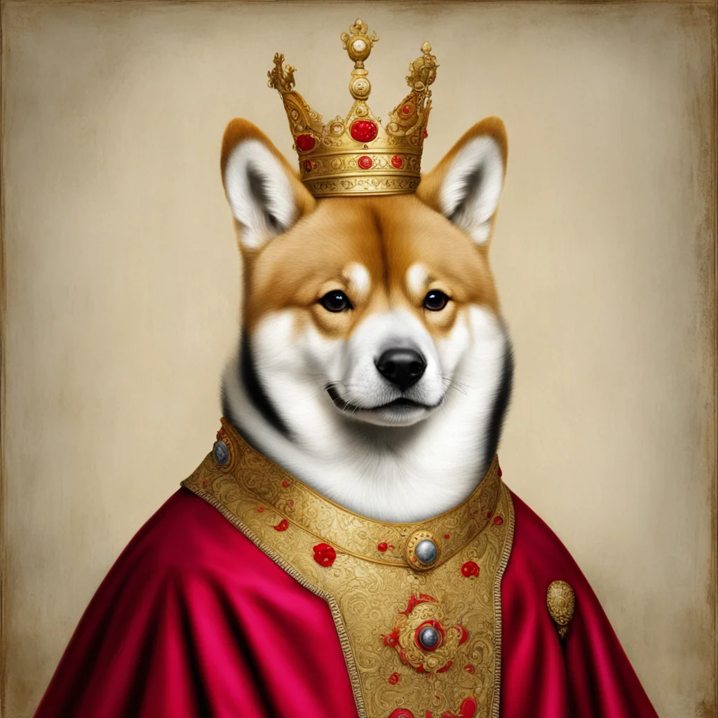 Shiba Inu depicted as 16th century Royal portrait painting Royal attire crown gold red royal capes