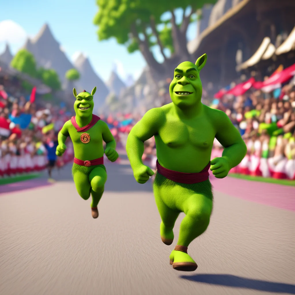 Shrek running a race at the olympics with donkey running behind him Shrek ogre olympics rendered in unreal engine