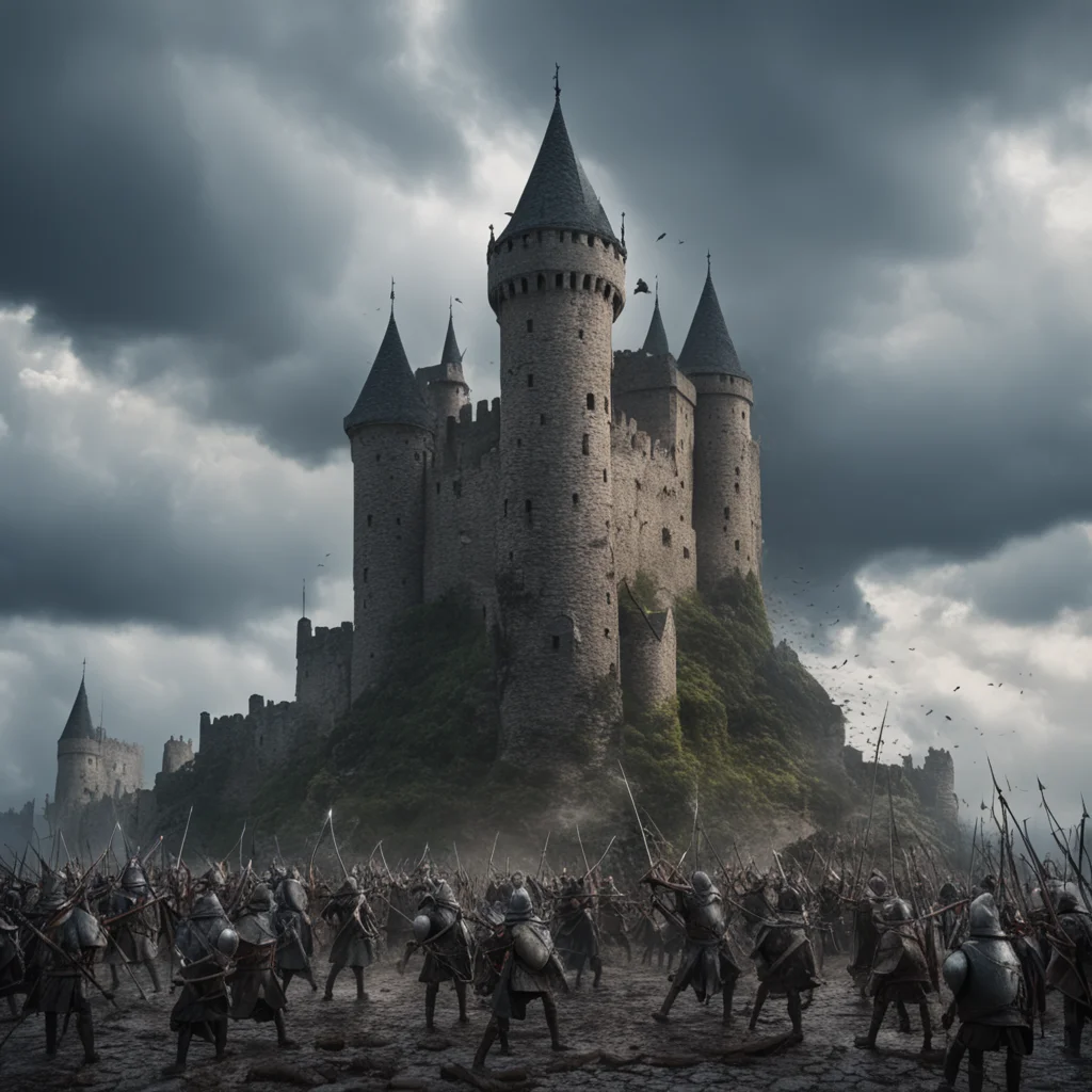 Siege of a huge medieval castle battle spearmen archers knights army trebouchet rain stormy clouds explosion chaos flyin