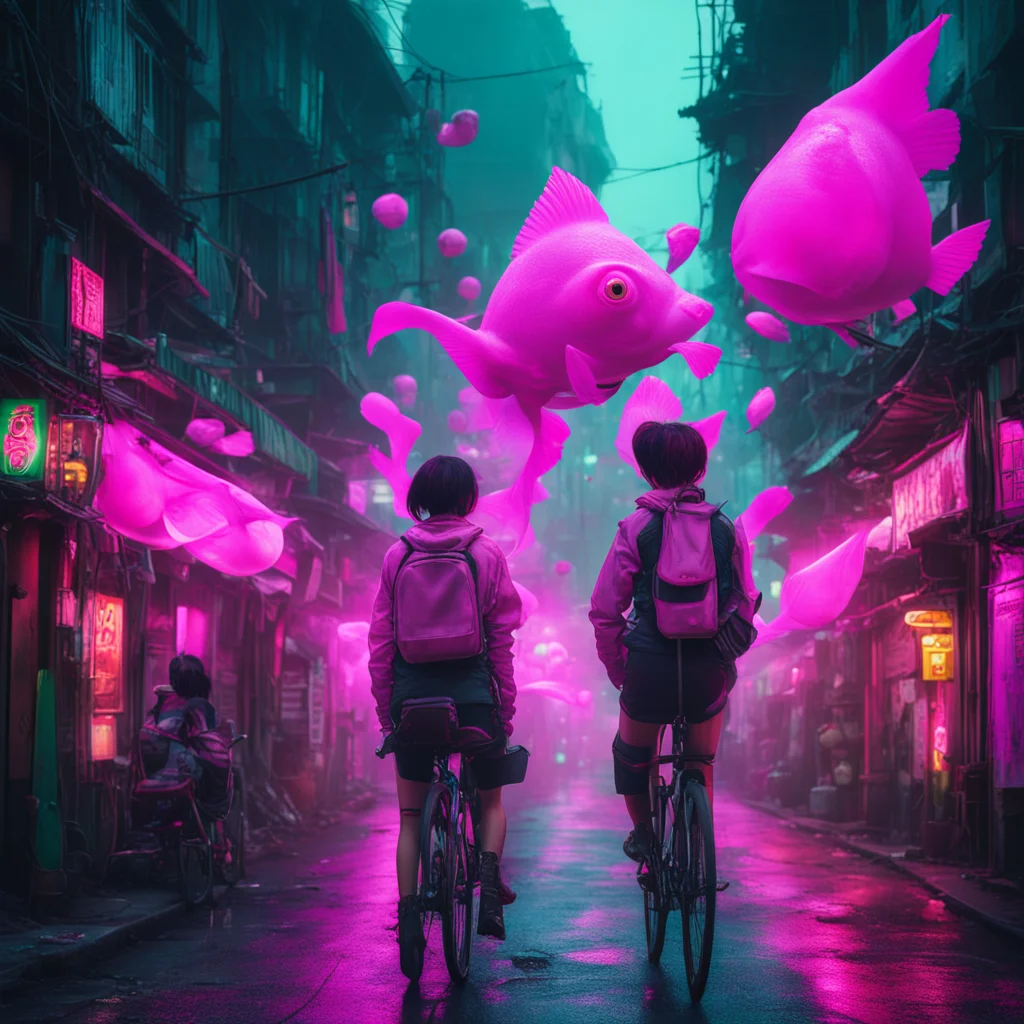 Sinsemilia sisters with huge pink goldfish eyes birds eye view hanoi old streets futuristic cyberpunk city hanoi vietnam