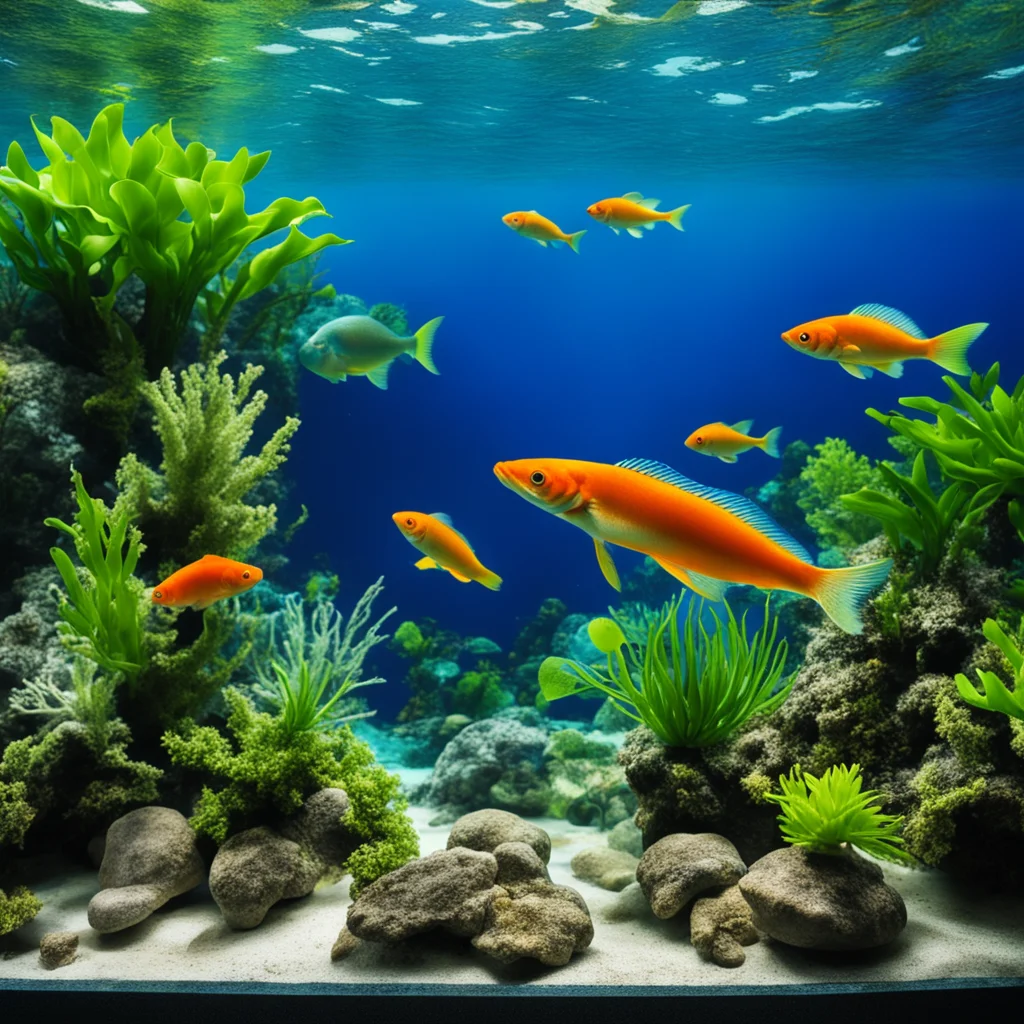 Six fish in a large aquarium filled with clean blue water and surrounded by healthy plants