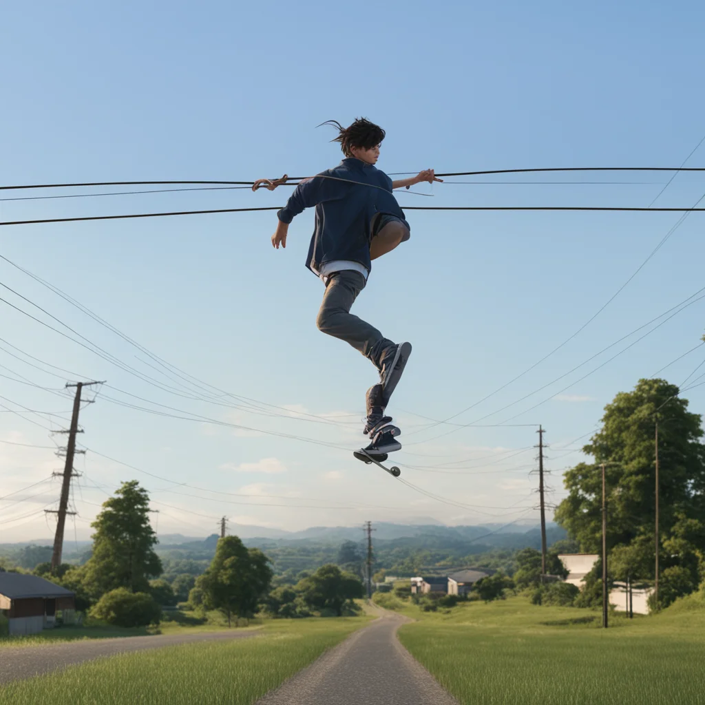 Skateboarder griding on power lines japan countryside hyperrealism 16k resolution Cinema 4D 8k resolution trending on ar
