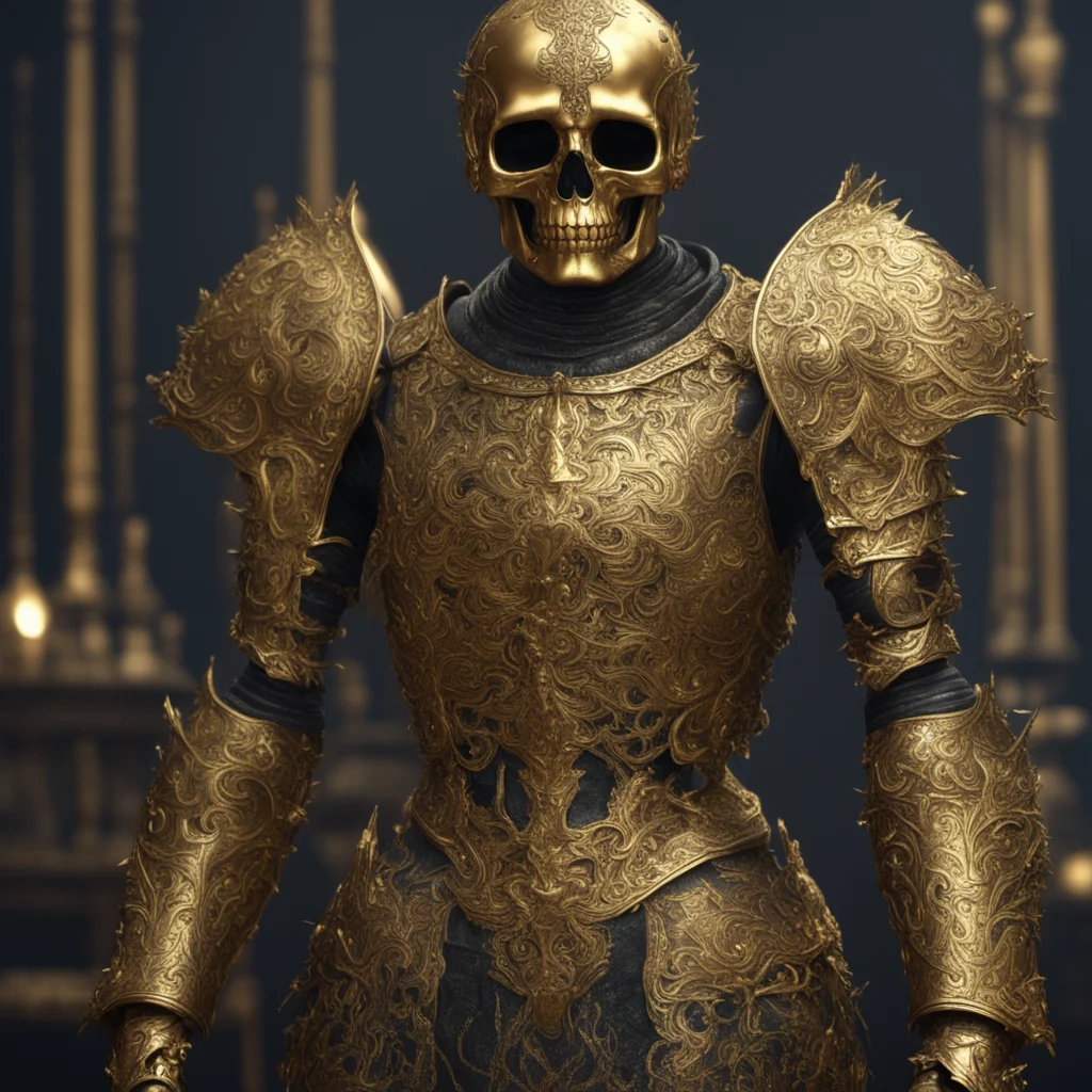 Skeleton in Etched Golden ceremonial armor 4k unreal engine hyper realistic octane render high details by gustave dore r