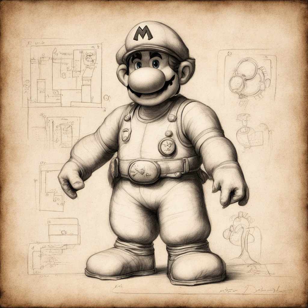 Sketch of Nintendo Mario medical illustration by leonardo da vinci