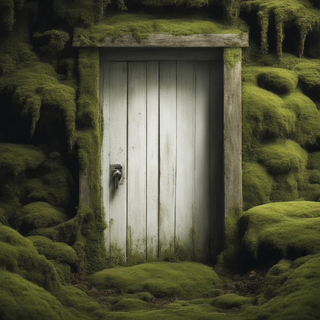 Slightly open white wooden door surrounded by walls of overgrown moss so thick you cant see wall only moss aspect 169