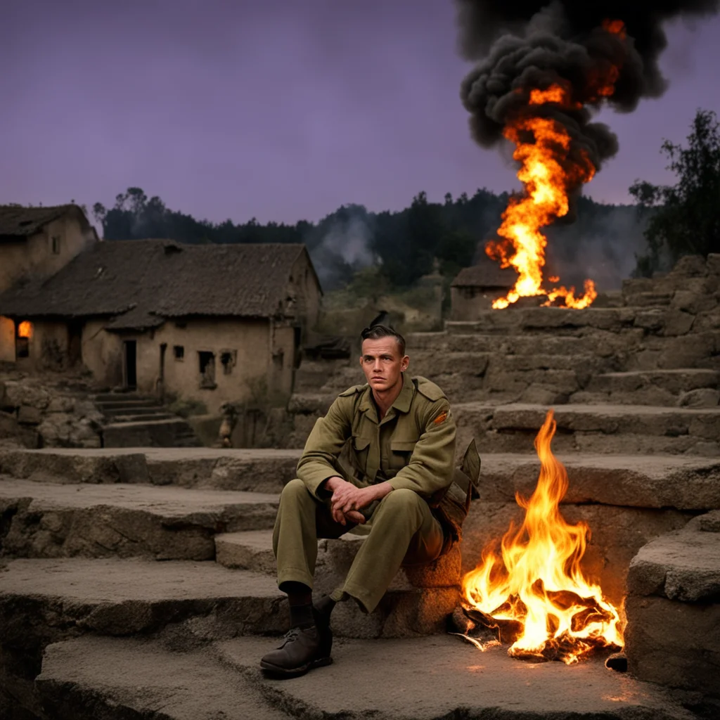 Soldier in khaki uniform sits on stone steps with a village burning behind him night time ww2