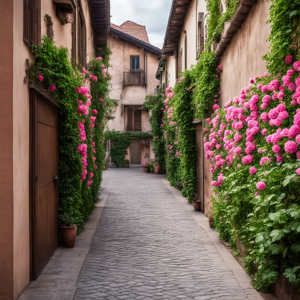 Spanish alley with retro woodwalls and a rose garden next to the street aspect 32