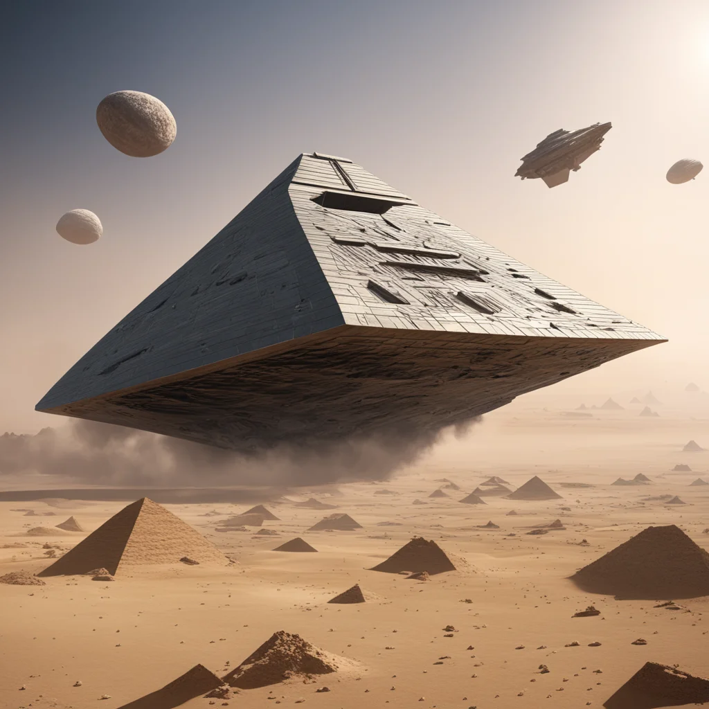 Star destroyer spaceship collides with the pyramids of Giza stone slabs falling spaceship design by Paul Chadeisson dyna