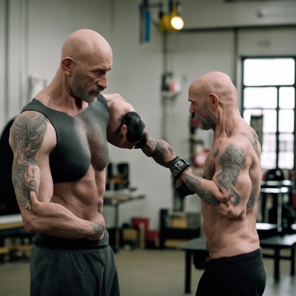 Still from a movie by Ken Loach main character is tattooed punk crossfit gym owner with no hair and both hands operated 
