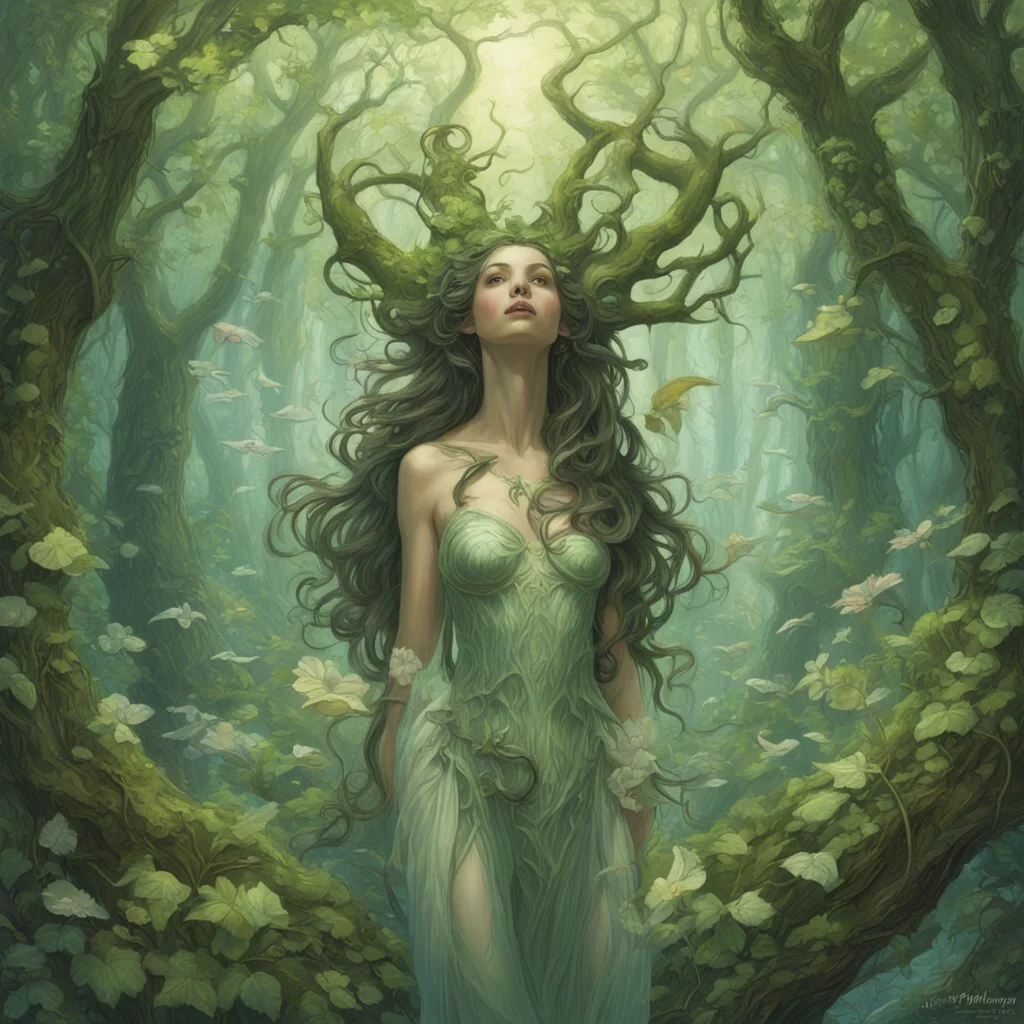 Summer Dryad dungeons and dragons Forest pale silver light awe highly detailed intricate celestial atmosphere by Magic t