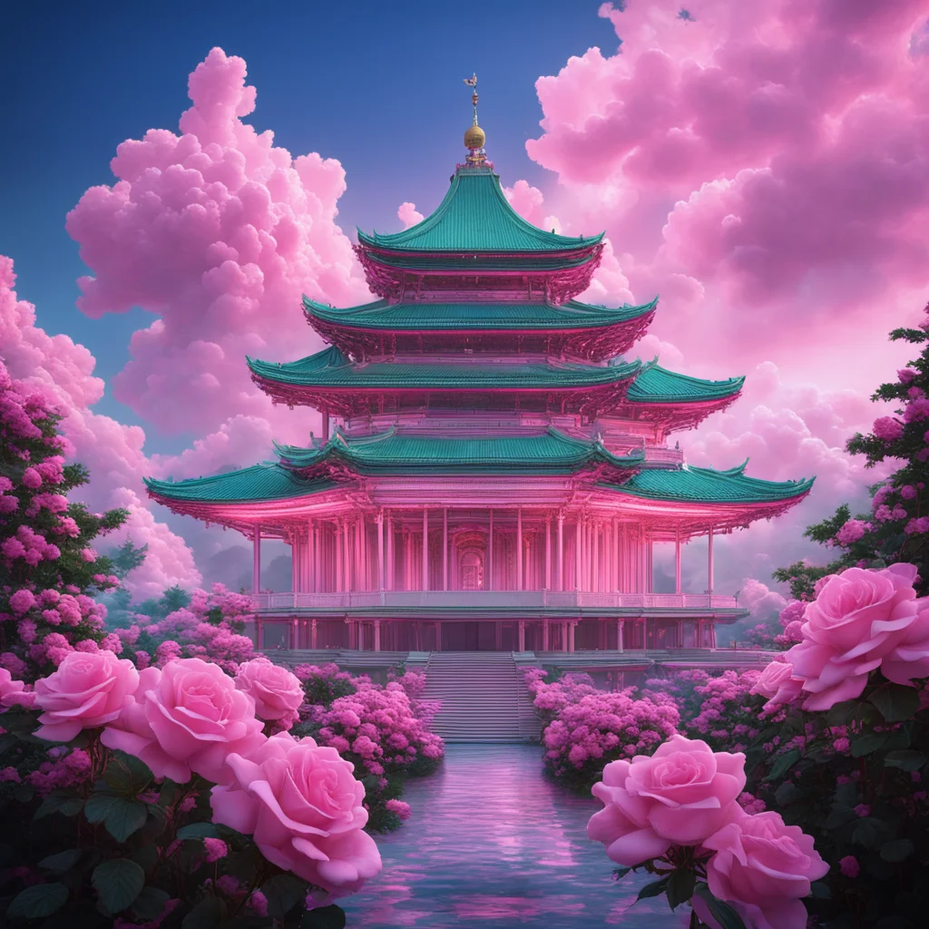 Surreal CG rendering of Genting Sky Palace White Chinese Palace，fire clouds，roses，Sci Fi， dreams fantasy serene landscap