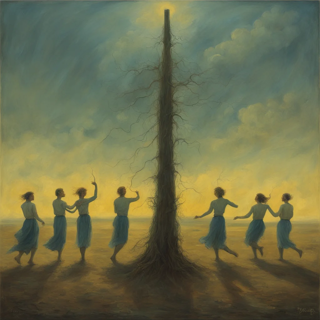 Swedes dancing around the midsummer pole on a dusty field in the style of Zdzisław Beksiński