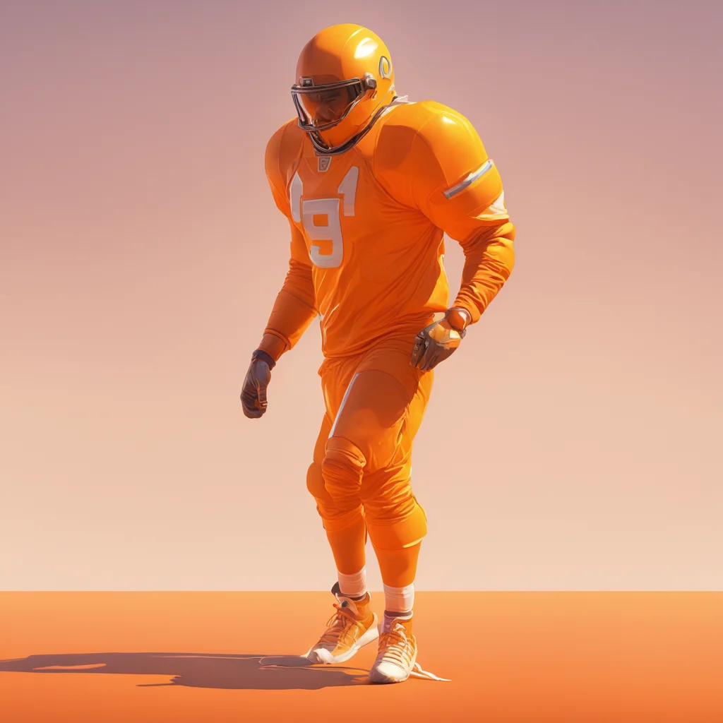 Syd mead super shiny 3d art of an inflated orange colored American football player marching through plain pale orange mi