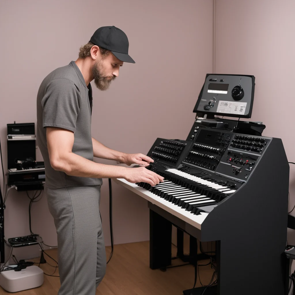 Tall unshaved man with blonde hair in small unlit room setting up a synthesizer Man wearing grey pants brown shirt and a