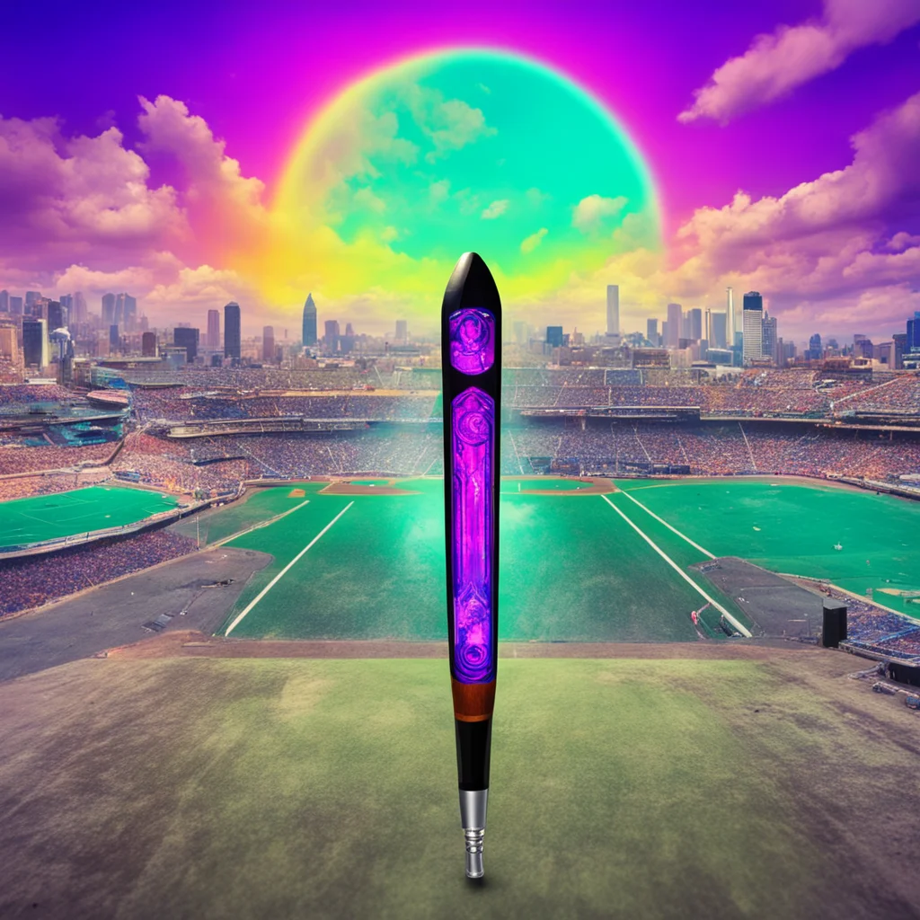 Tarot Card Holding a Vape Pen Baseball Bat cartridge is glowing vibrant home plate baseball stadium Niagara Falls skylin
