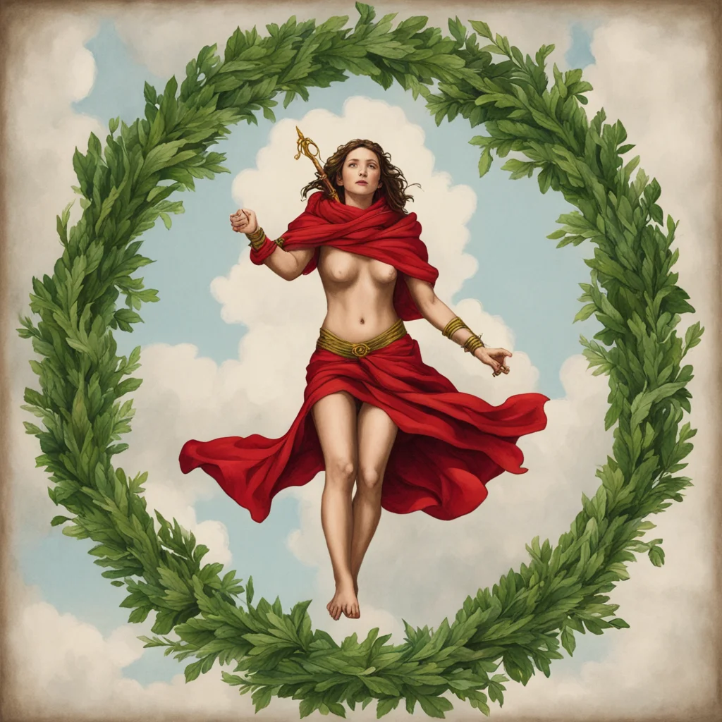 Tarot Card Rider Waite The World  woman wrapped in a red scarf hovers in the sky in the middle of a laurel wreath Holdin