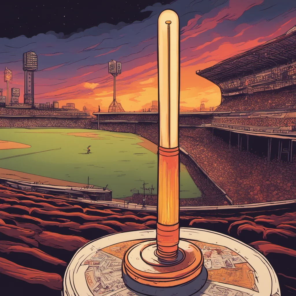 Tarot Card Wand Cyberpunk Futuristic Vape pen Bat half is glowing hot and radiating warmth vintage baseball stadium from home plate stratosphere tower s