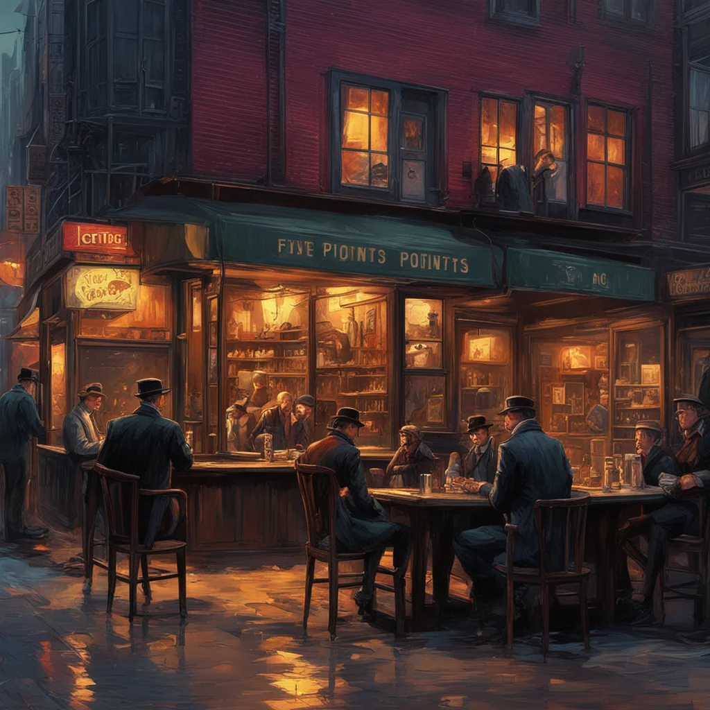 The Five Points Gang lounging outside an 1880s grungy bar in New York at sunset an ominous fantasy painting by John Berk