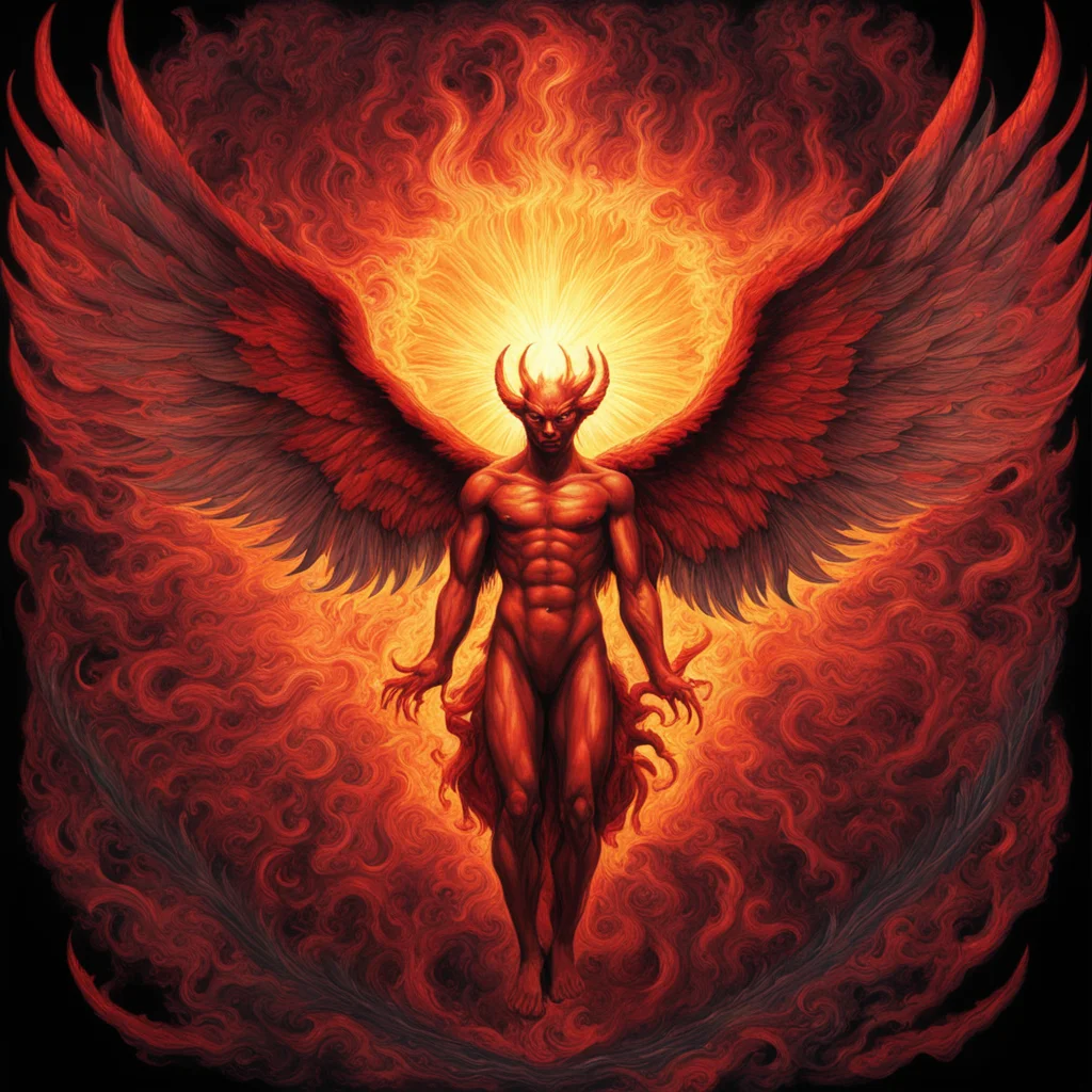 The Sun with demon wings symmetrical in the style of William Blake darkness red colors painting spectacular epic clean u
