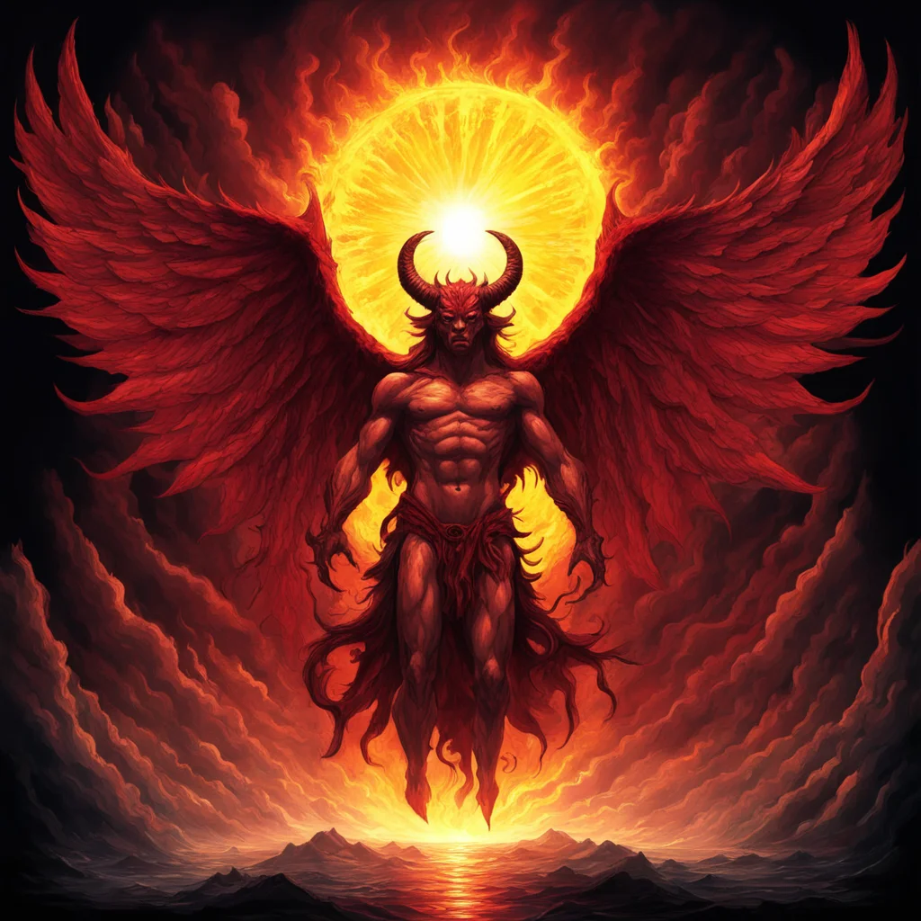 The Sun with huge demon wings in the style of William Blake darkness red colors norse mythology spectacular epic clean u