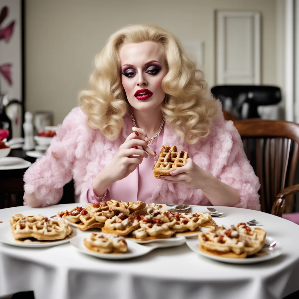 The Women Candy Darling Eating Waffles at a tableelite luxury super wide shot rendered hyper realistic