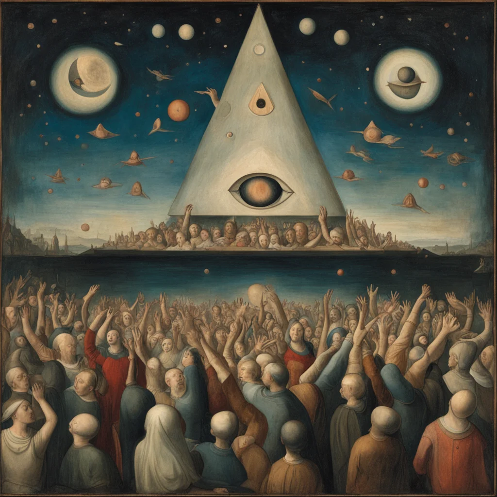 The all seeing eye floats in the midnight sky over a crowd of worshippers with their arms raised in the style of Hierony