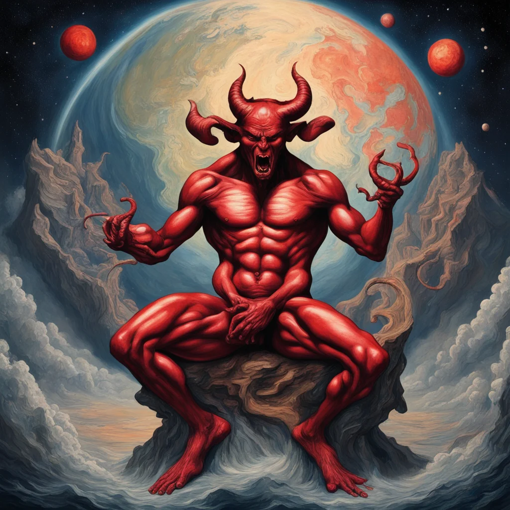 The devil sitting on planet Earth in the style of William Blake painting spectacular epic clean ultra detailed w 3340 h 