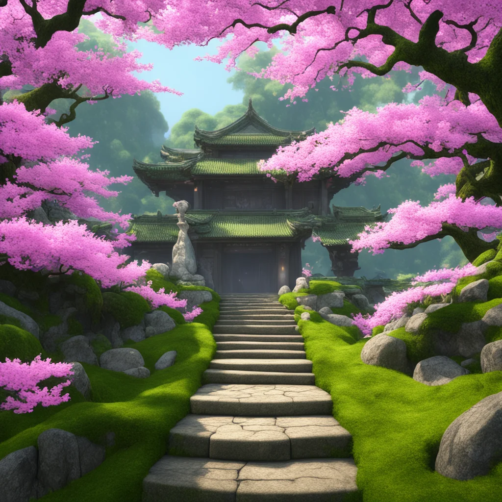 The entrance to another world of Taohuayuan at the end of stone steps moss sakura trees  magical atmosphere 8K OctaneRender artstation by edmund dulac th