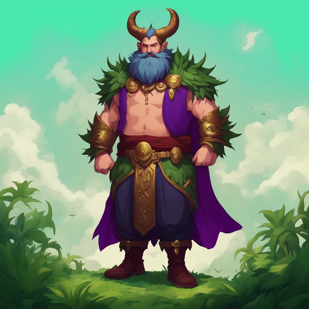 The king of Evergreen a fantasy island archipelago He is a large man with horns an imposing presence and powerful dark m