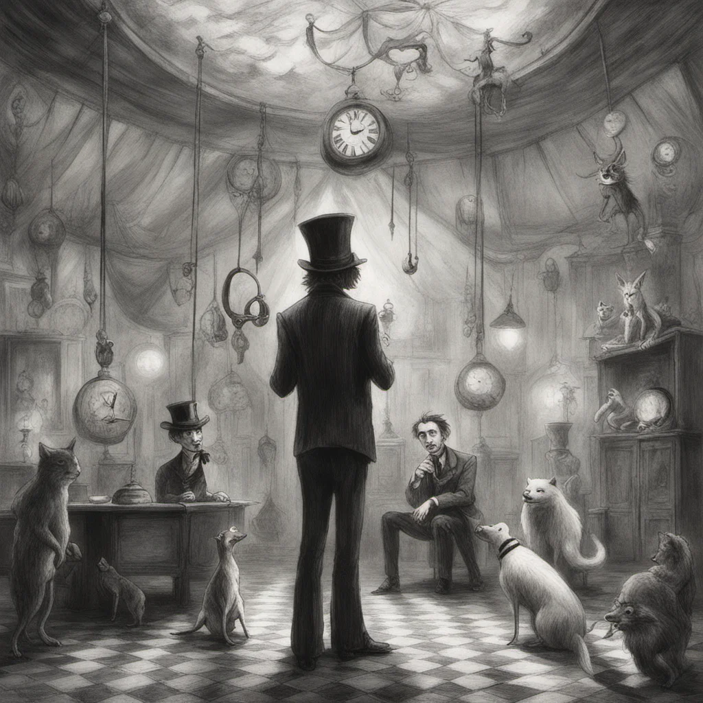 The mysterious owner of time is playing with his human pets in his interior circus by tim burton