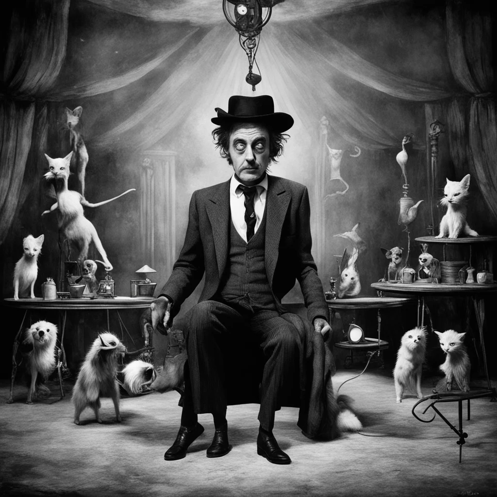 The mysterious owner of time is playing with his pets in his interior circus by tim burton
