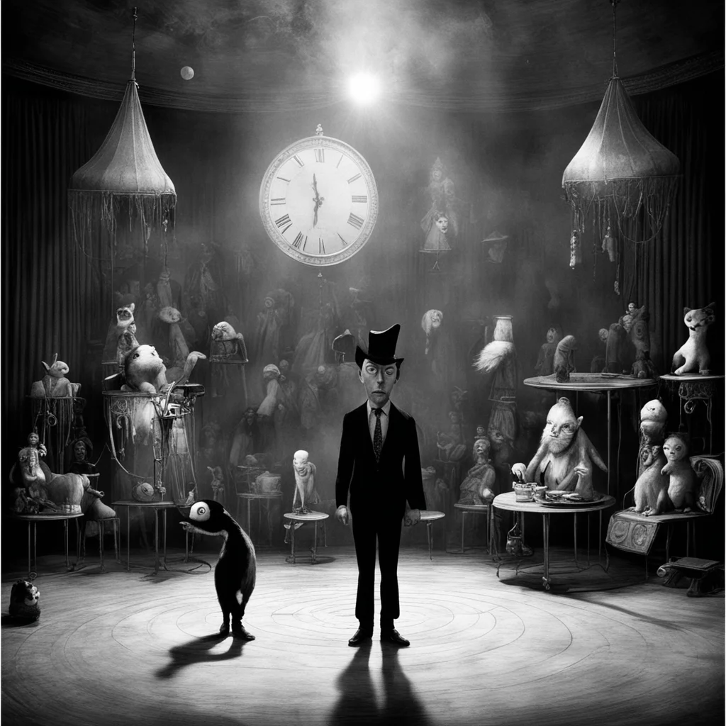The mysterious owner of time is playing with his tiny human pets in his interior circus by tim burton and franck zappa a