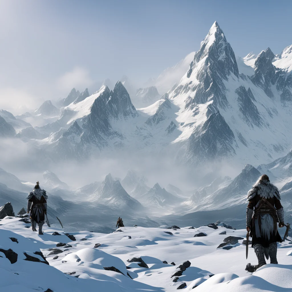 The mysterious snow capped mountains in the distance a few warriors near aspect 43