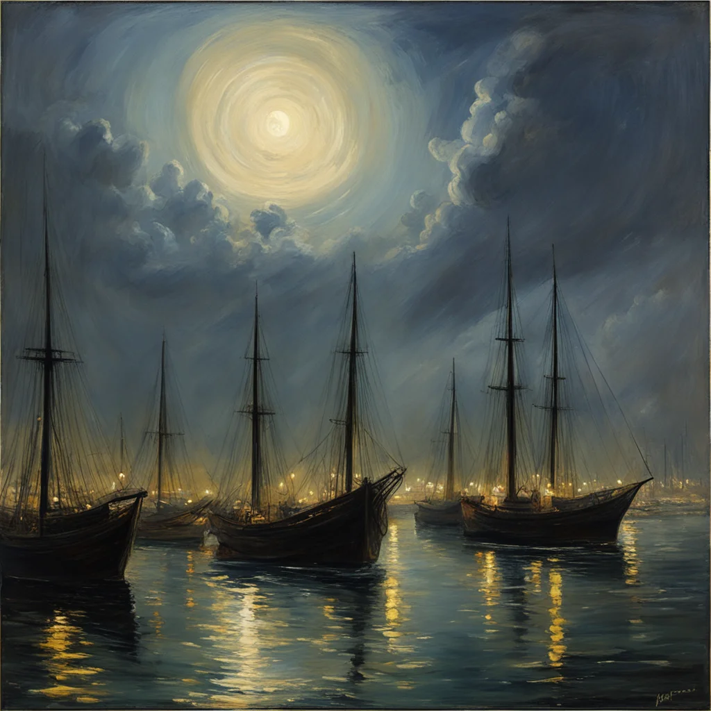 The port of Rotterdam in the early 1900s Atmospheric oil painting Moonlight August von Siegen Anders Zorn Very realistic