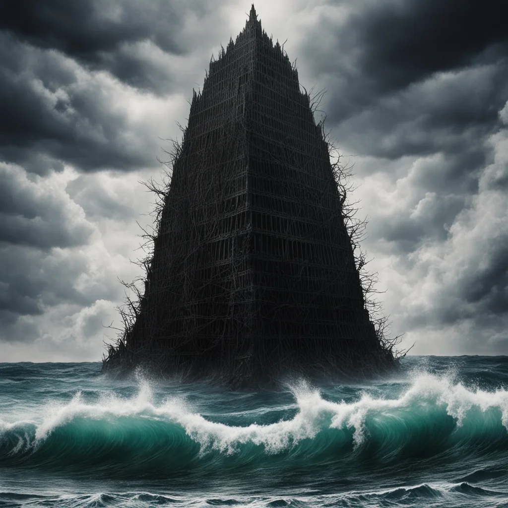 The tower of babel is sinking in the ocean and its a Black Metal album cover