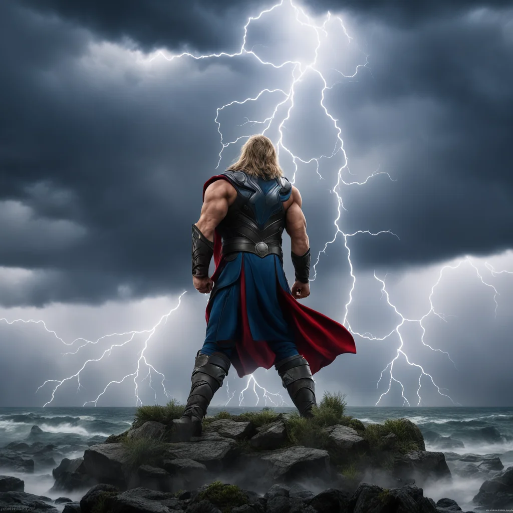 Thor god of thunder standing triumphantly while lighting strikes in the background and a huge storm rages imax wide shot landscape inspired by paolo parente