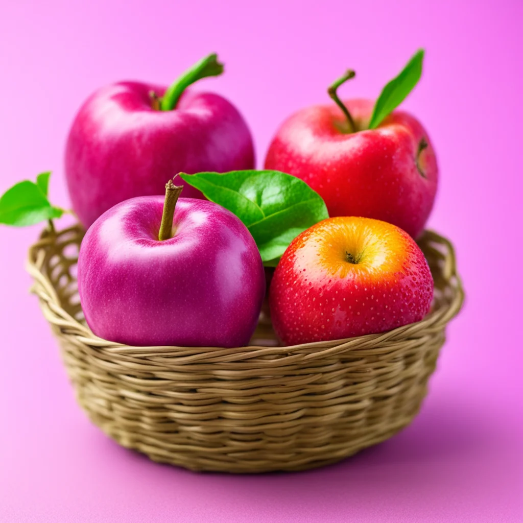 Three fruits in a basket a purple apple a pink strawberry an orange plum
