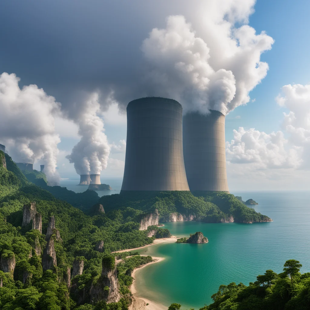 Three huge nuclear cooling towers with white smoke from the top the coast of Thailand huge coastal limestone cliffs with
