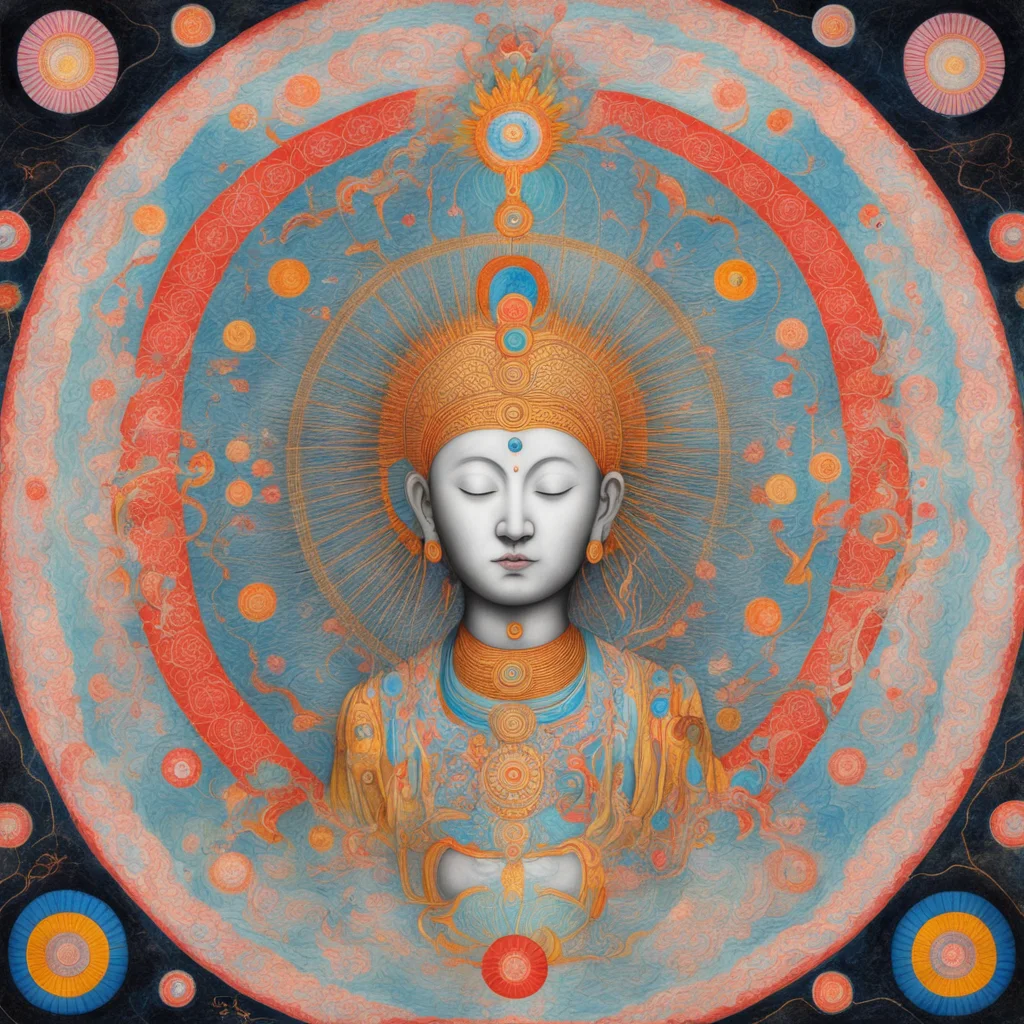 Tibetan Buddhist deity Hallucination murals in the style of Hilma af Klint healing rituals post processing highly detail