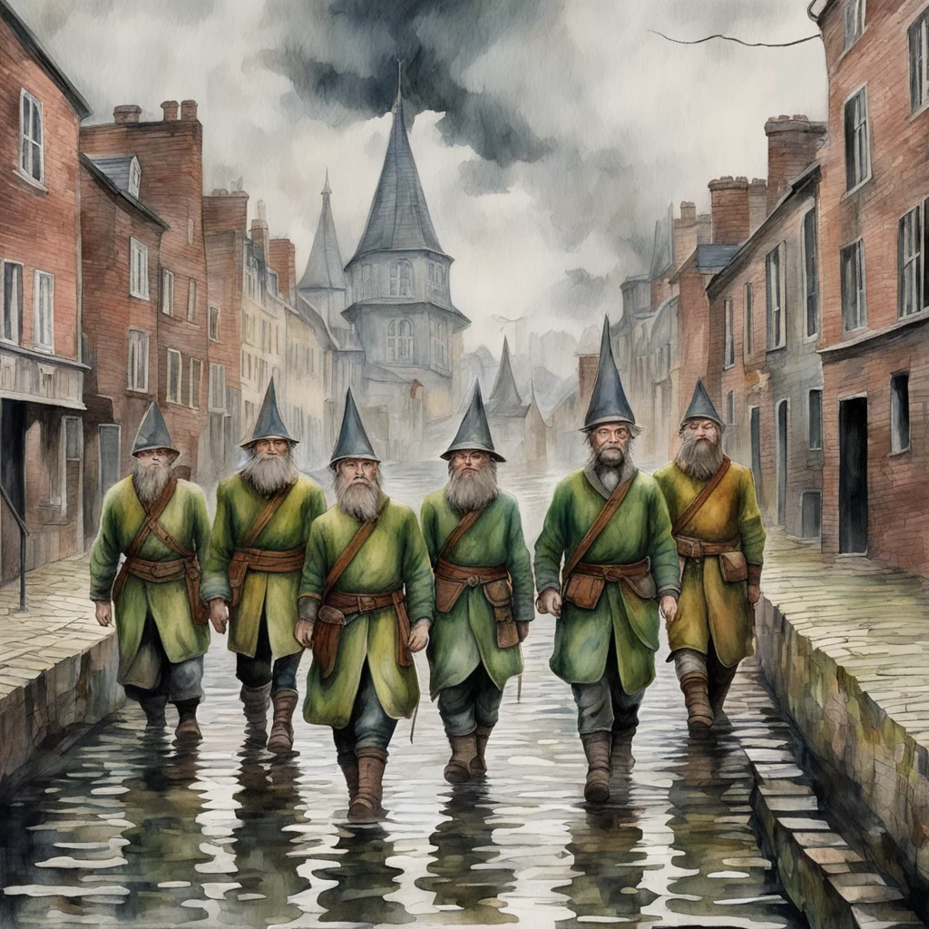 Tolkien Elves and dwarves war bands walking along Birmingham Canal Old Main Line carrying lanterns overcast windy Tolkie
