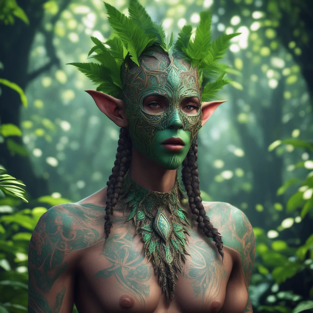 Tribal elf wearing a mask in fractal jungle no blur ultra realistic volumetric light pohotobash high details epic atmosp