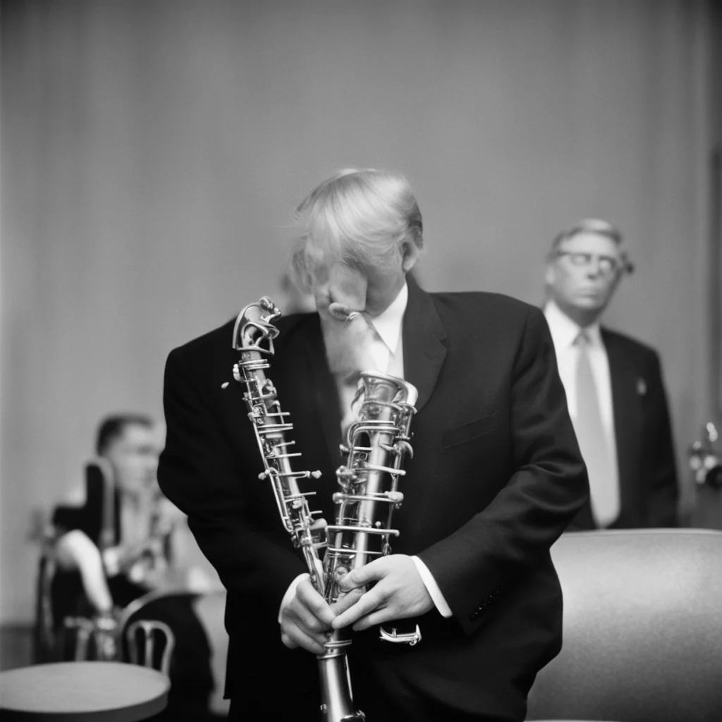 Trump playing the alto saxophone 1950’s b&w film photography