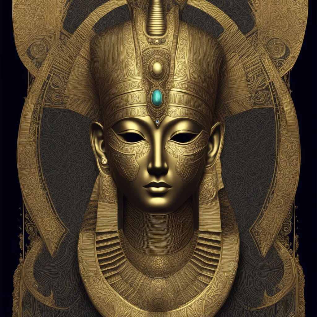 Tutankhamuns golden mask  Black paper with Intricate and vibrant Gold line work Tarot Card Mandelbulb fractal  Full of G