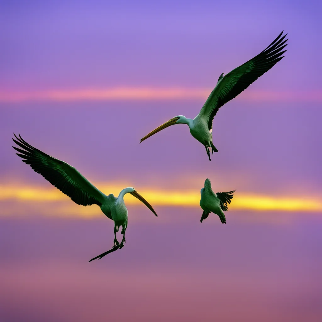 Two Pelicans fighting a flying serpent with rainbow spine at dusk