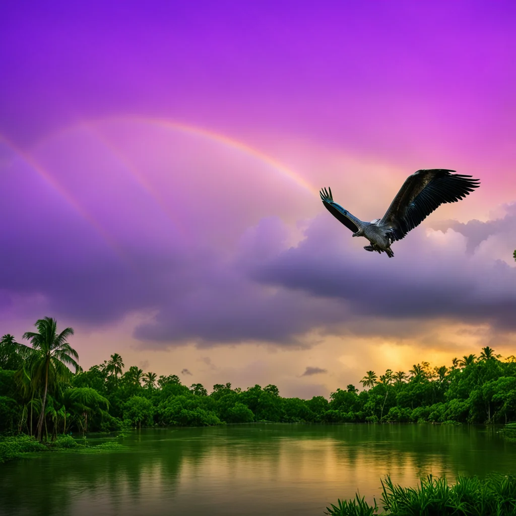 Two Pelicans fighting a rainbow serpent in the dusk sky tropical forest skyline